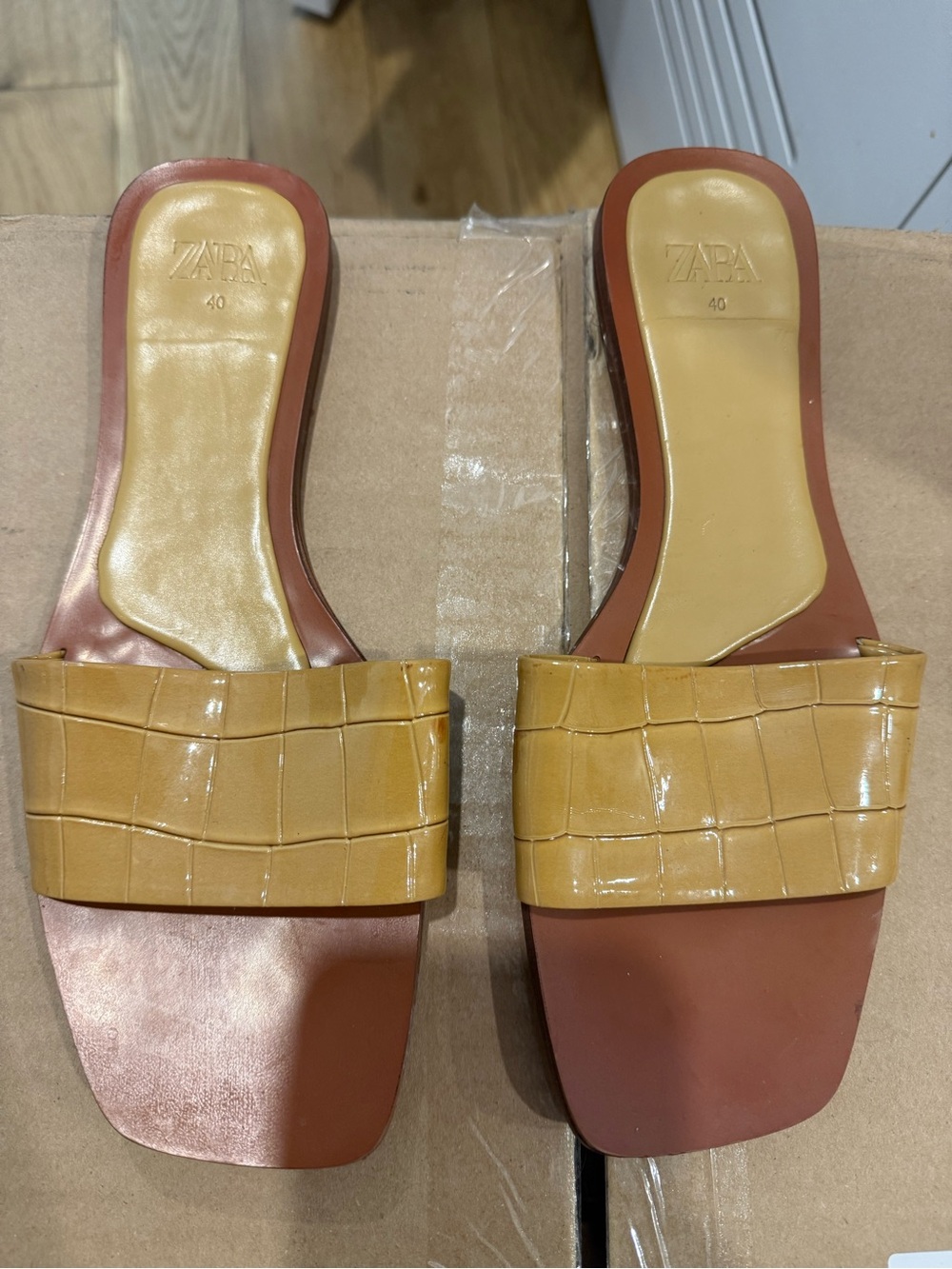 Zara Yellow Croc-Embossed Slide Mules with Brown Footbed